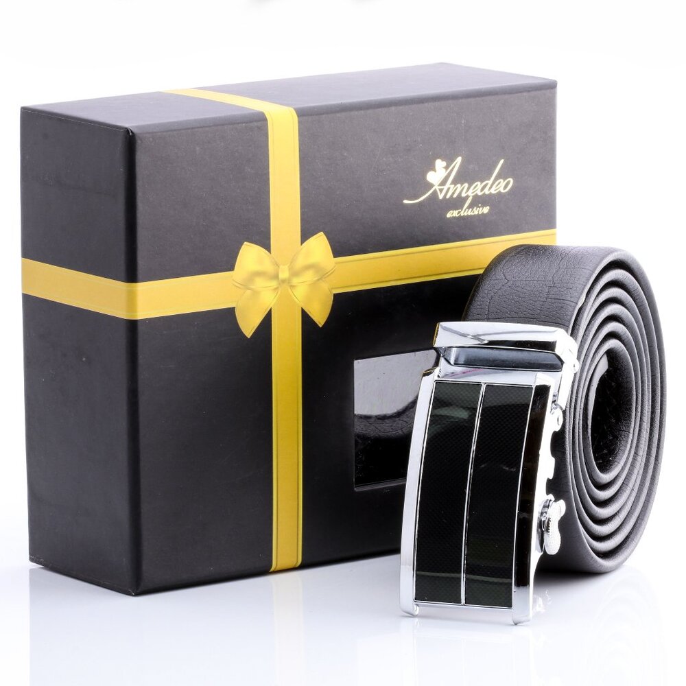 Classic Silver Automatic Ratchet Belt – Black Leather, No Holes Perfect Fit